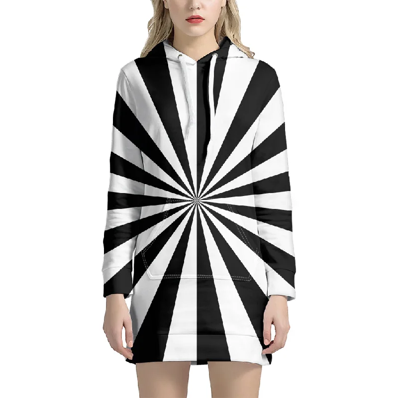 Black And White Radial Rays Print Pullover Hoodie Dress