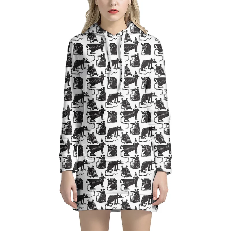 Black And White Rat Pattern Print Pullover Hoodie Dress