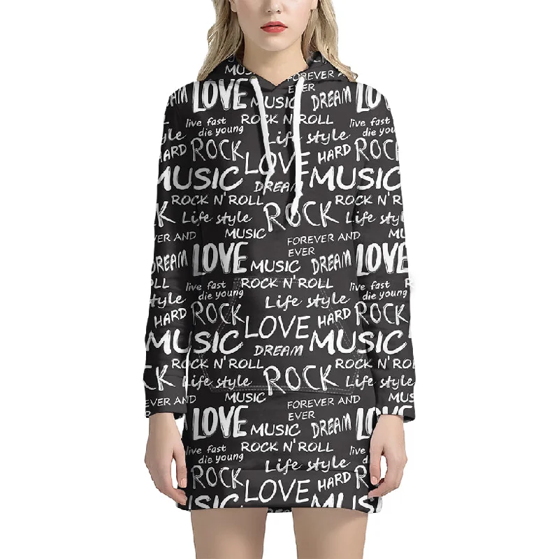 Black And White Rock And Roll Print Pullover Hoodie Dress