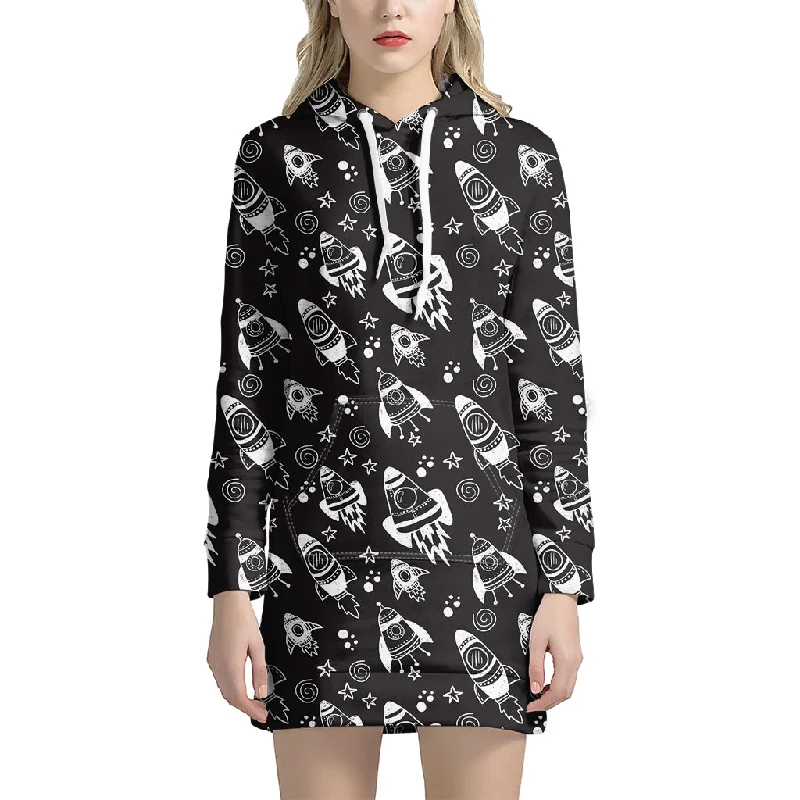 Black And White Rocket Pattern Print Pullover Hoodie Dress
