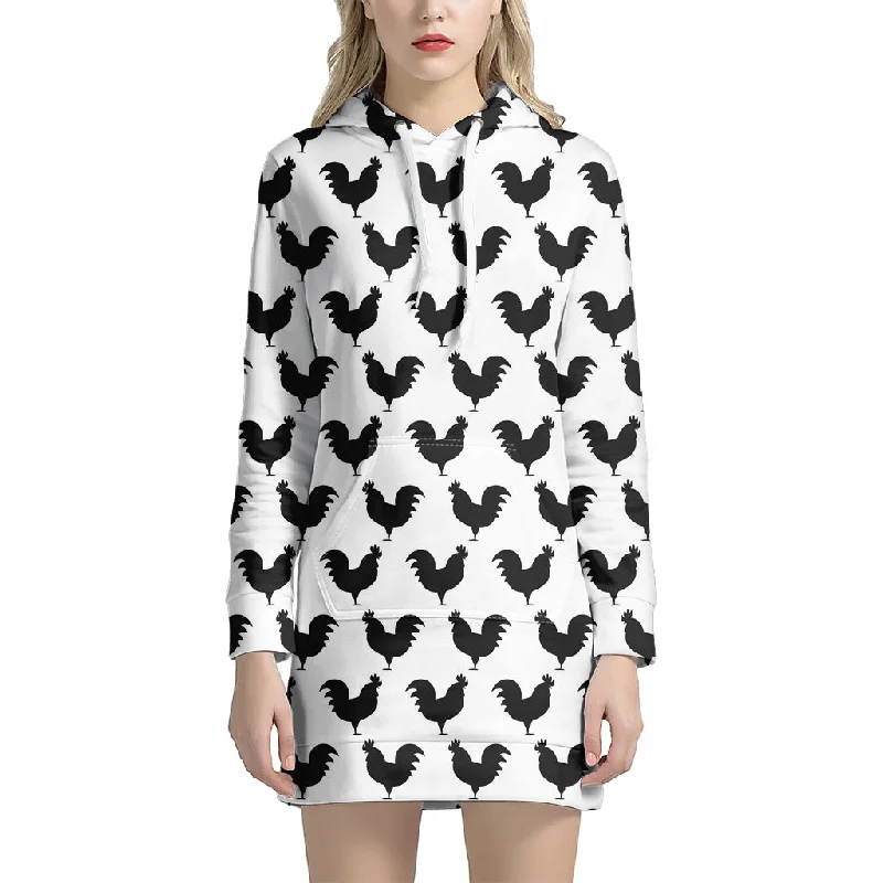 Black And White Rooster Pattern Print Pullover Hoodie Dress