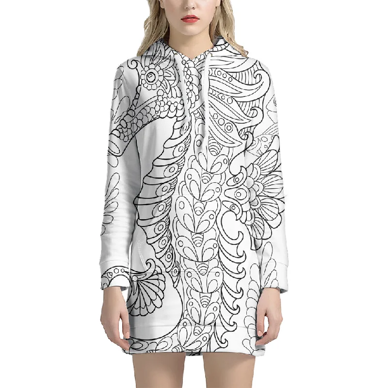 Black And White Seahorse Print Pullover Hoodie Dress