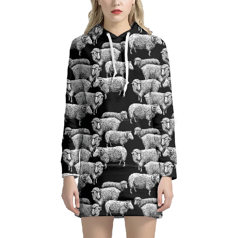 Black And White Sheep Pattern Print Pullover Hoodie Dress