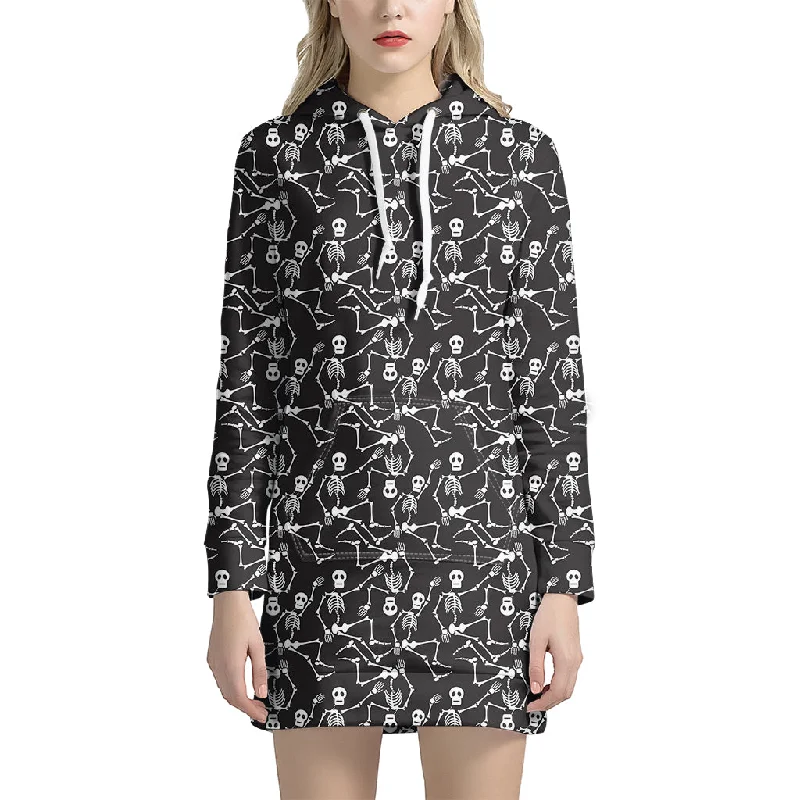 Black And White Skeleton Pattern Print Pullover Hoodie Dress