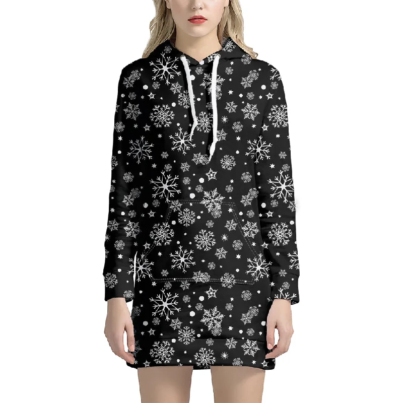 Black And White Snowflake Pattern Print Pullover Hoodie Dress