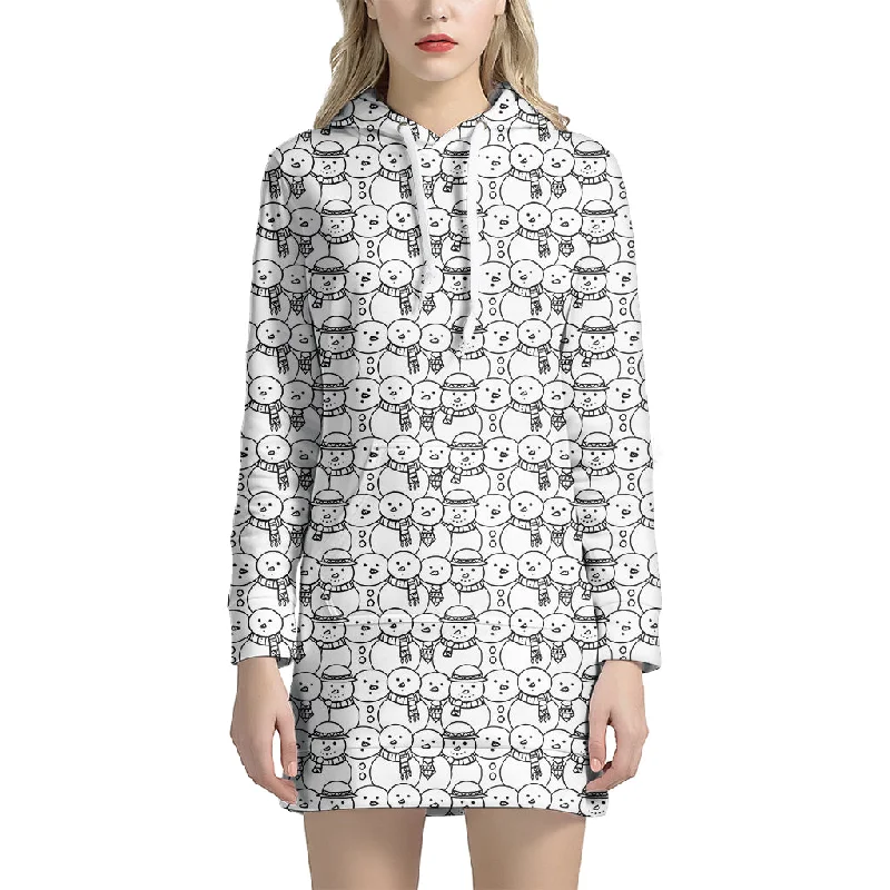 Black And White Snowman Pattern Print Pullover Hoodie Dress