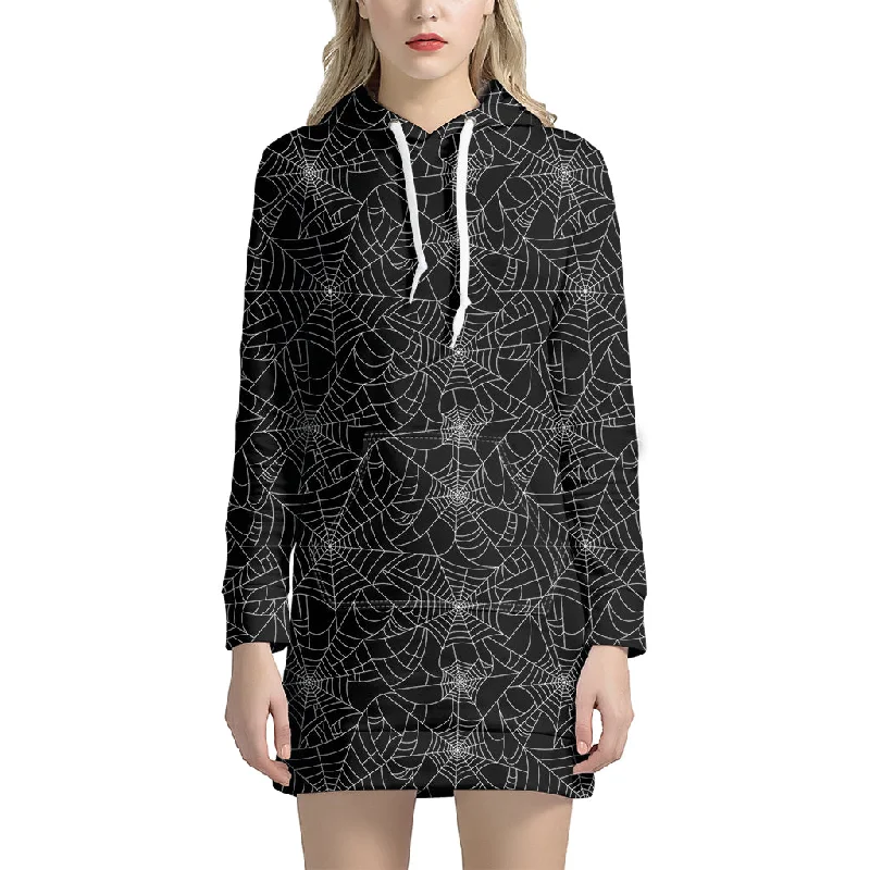 Black And White Spider Web Pattern Print Pullover Hoodie Dress