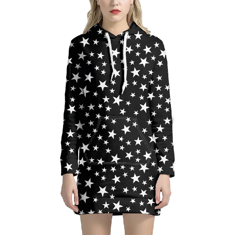 Black And White Star Pattern Print Pullover Hoodie Dress