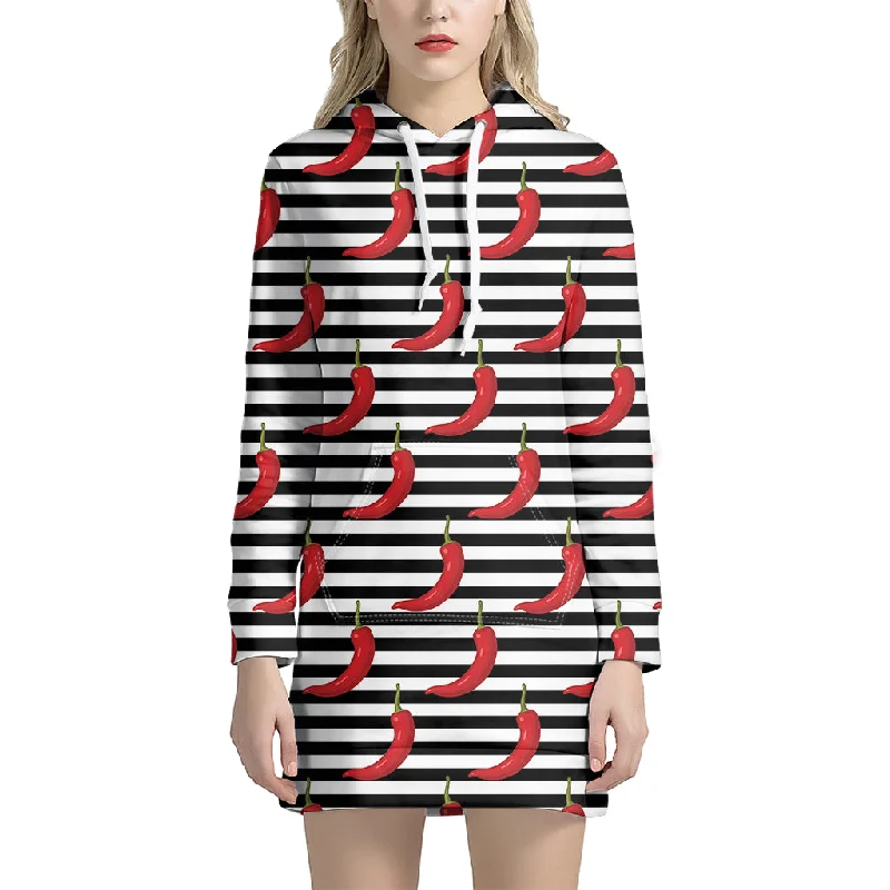 Black And White Striped Chili Print Pullover Hoodie Dress