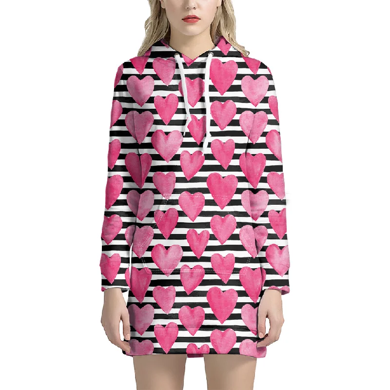 Black And White Striped Heart Print Pullover Hoodie Dress