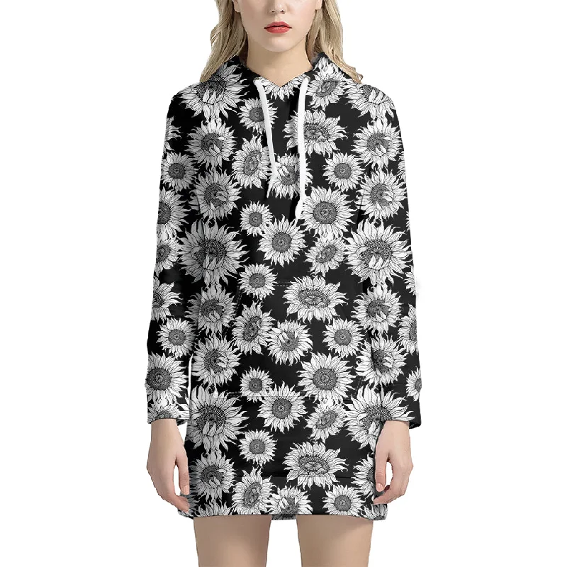 Black And White Sunflower Pattern Print Pullover Hoodie Dress