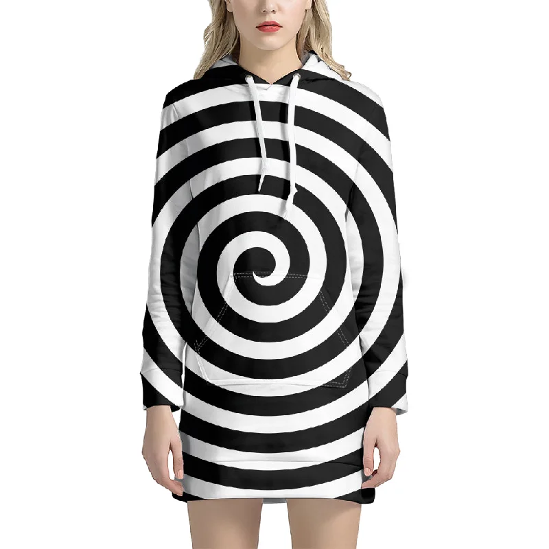 Black And White Swirl Illusion Print Pullover Hoodie Dress