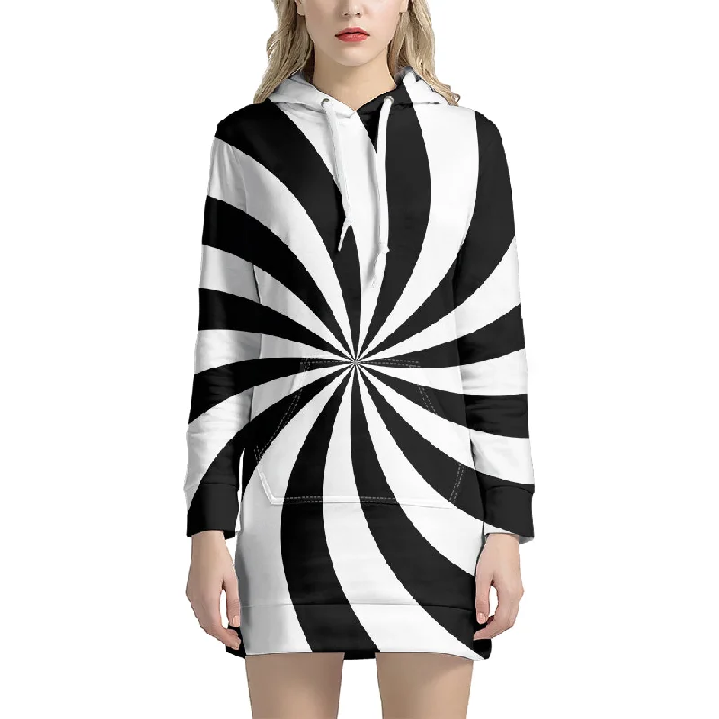 Black And White Swirl Print Pullover Hoodie Dress