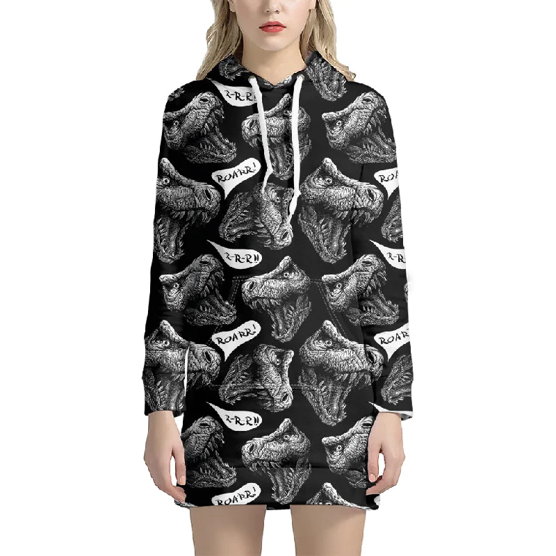 Black And White T-Rex Dinosaur Print Pullover Hoodie Dress