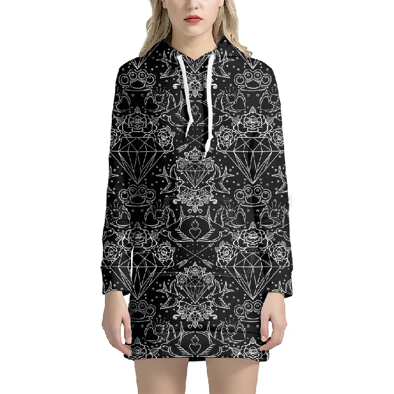 Black And White Tattoo Print Pullover Hoodie Dress