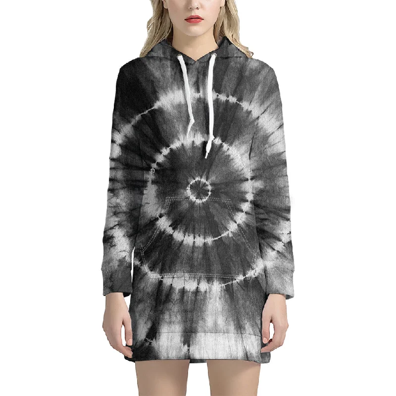 Black And White Tie Dye Print Pullover Hoodie Dress