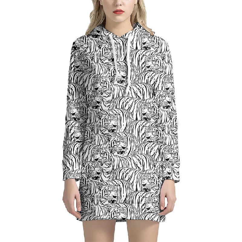 Black And White Tiger Pattern Print Pullover Hoodie Dress