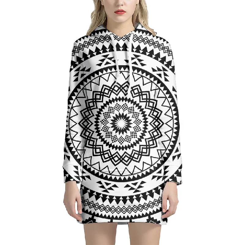 Black And White Tribal Mandala Print Pullover Hoodie Dress