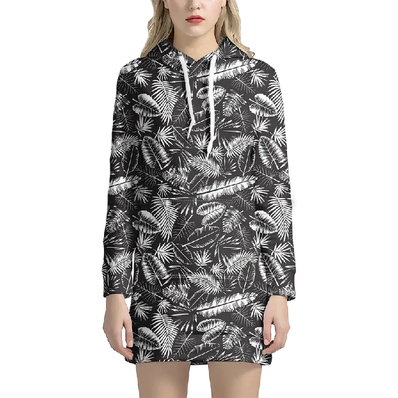 Black And White Tropical Palm Leaf Print Pullover Hoodie Dress