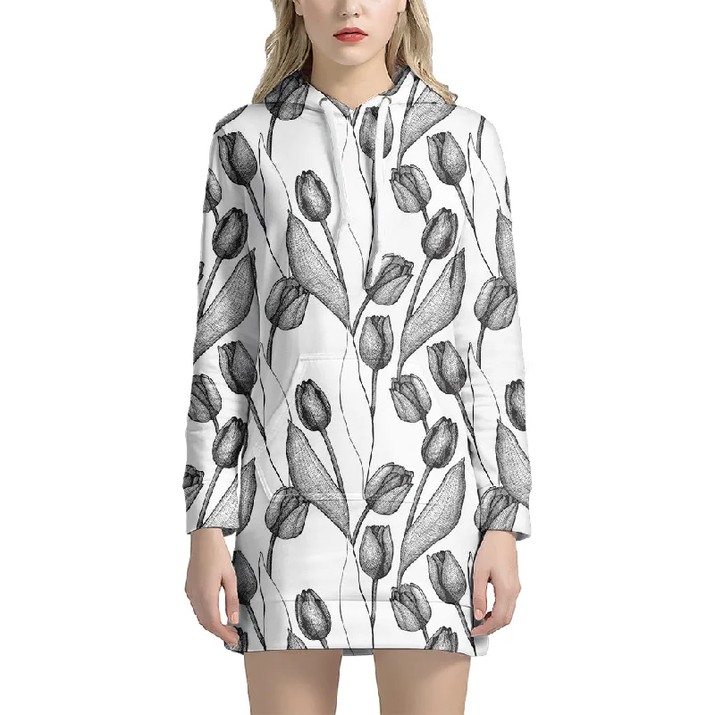 Black And White Tulip Pattern Print Pullover Hoodie Dress