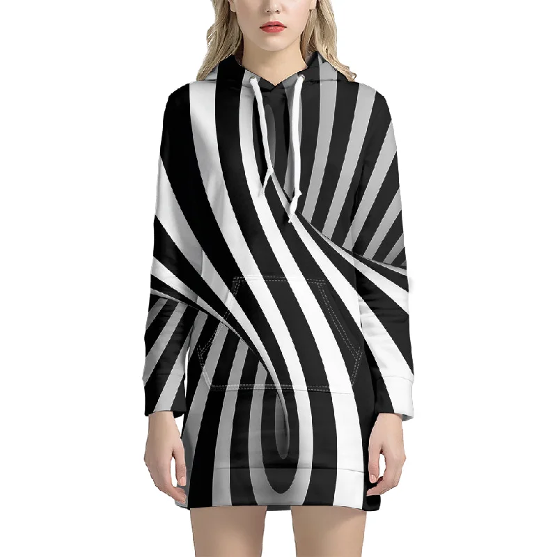 Black And White Twist Illusion Print Pullover Hoodie Dress