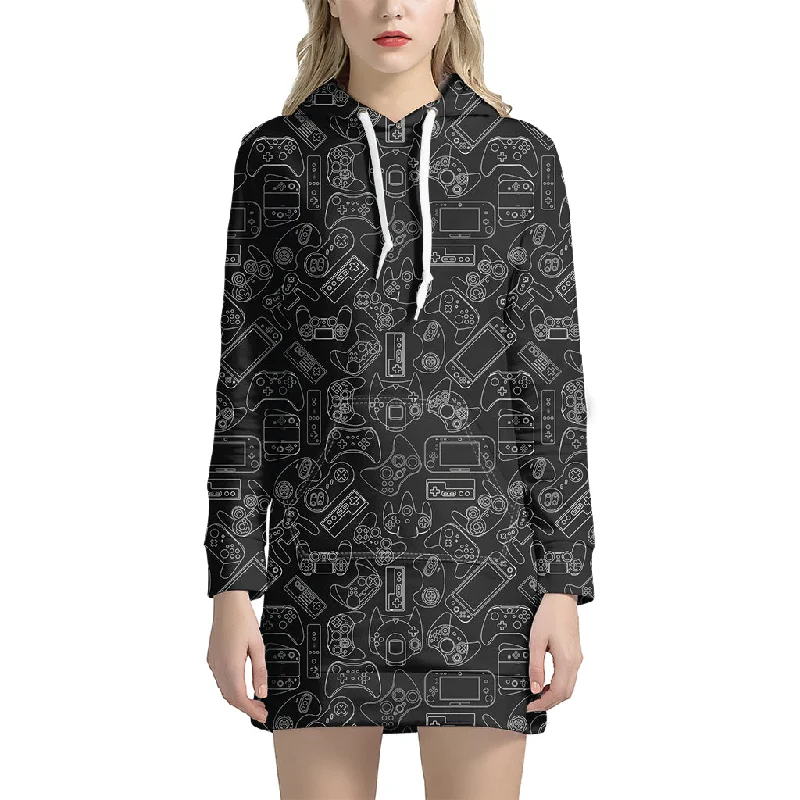 Black And White Video Game Pattern Print Pullover Hoodie Dress