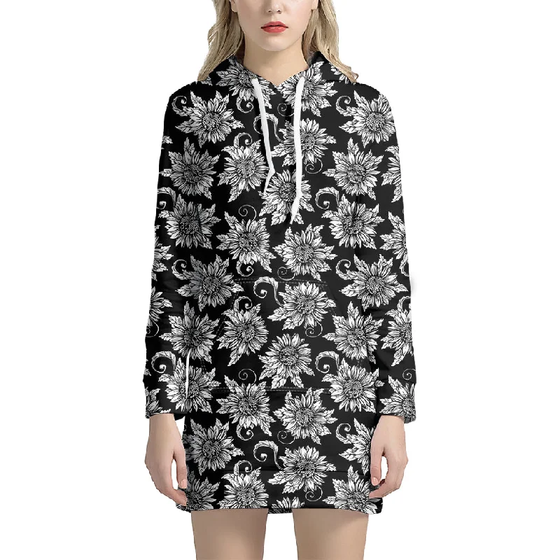 Black And White Vintage Sunflower Print Pullover Hoodie Dress