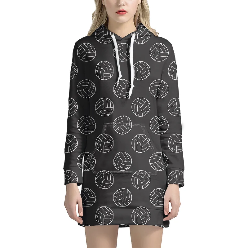 Black And White Volleyball Pattern Print Pullover Hoodie Dress