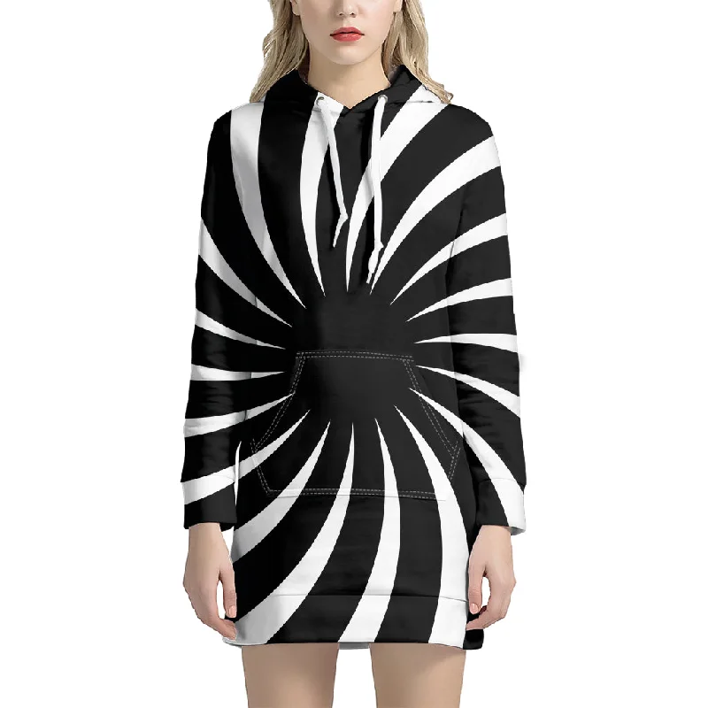 Black And White Vortex Swirl Print Pullover Hoodie Dress