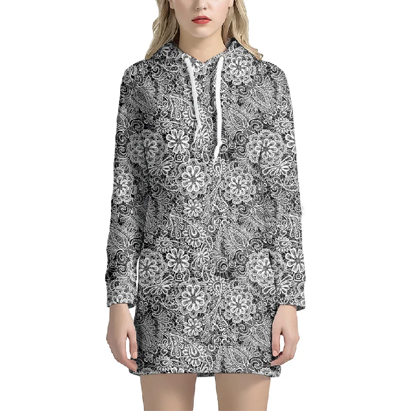 Black And White Western Flower Print Pullover Hoodie Dress