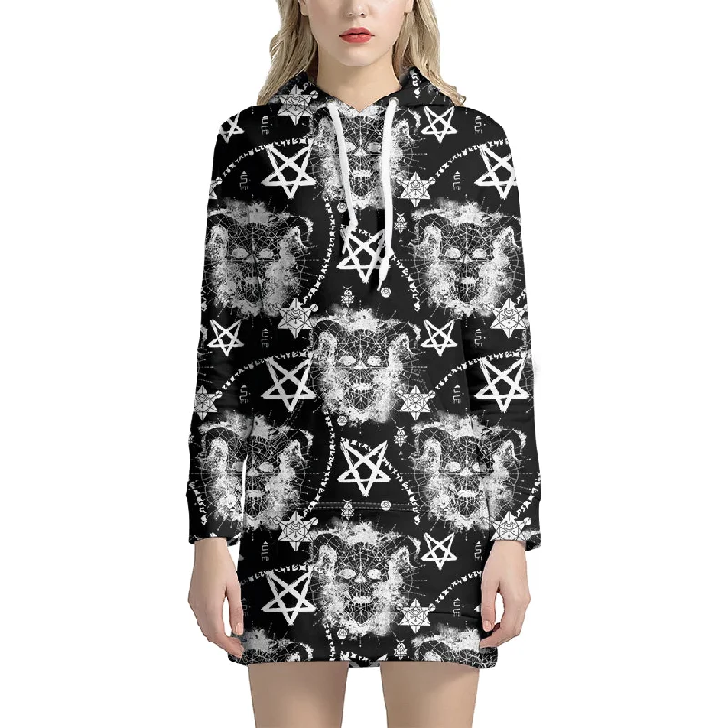 Black And White Wicca Devil Skull Print Pullover Hoodie Dress