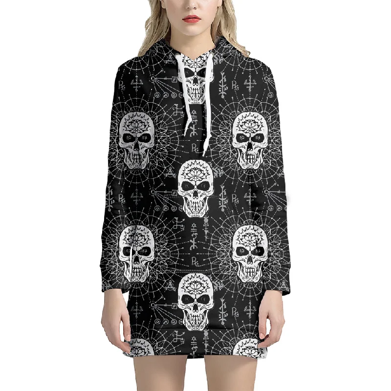 Black And White Wicca Evil Skull Print Pullover Hoodie Dress
