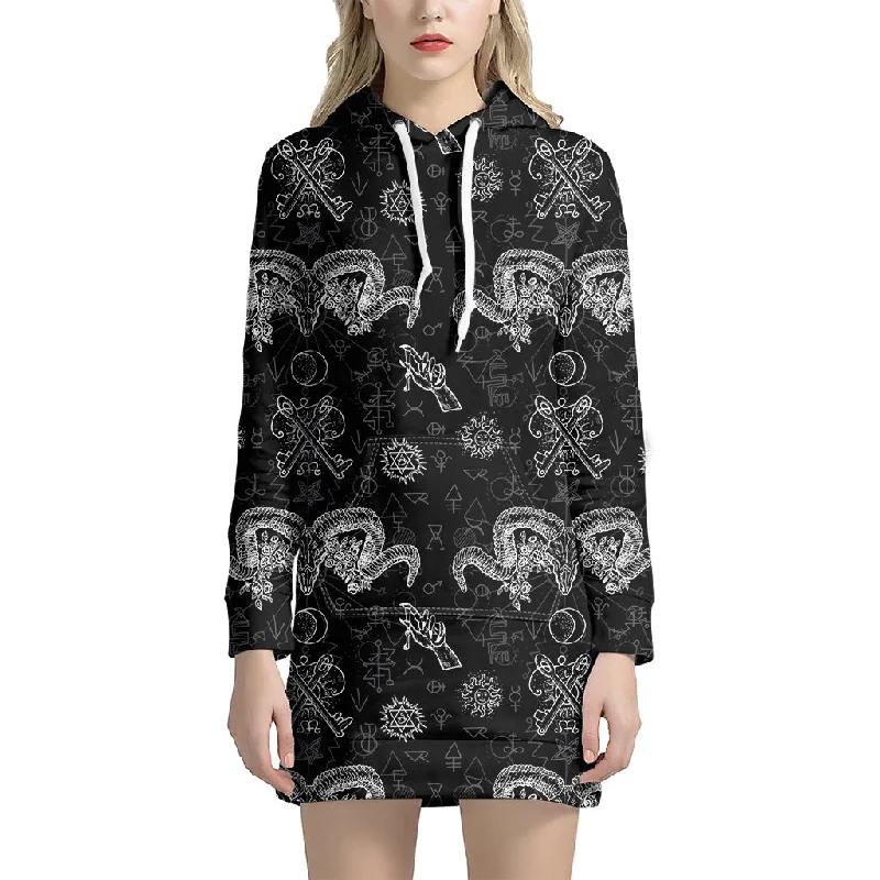 Black And White Wicca Gothic Print Pullover Hoodie Dress
