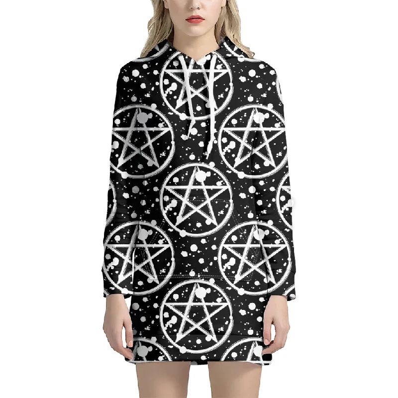 Black And White Wicca Pentagram Print Pullover Hoodie Dress