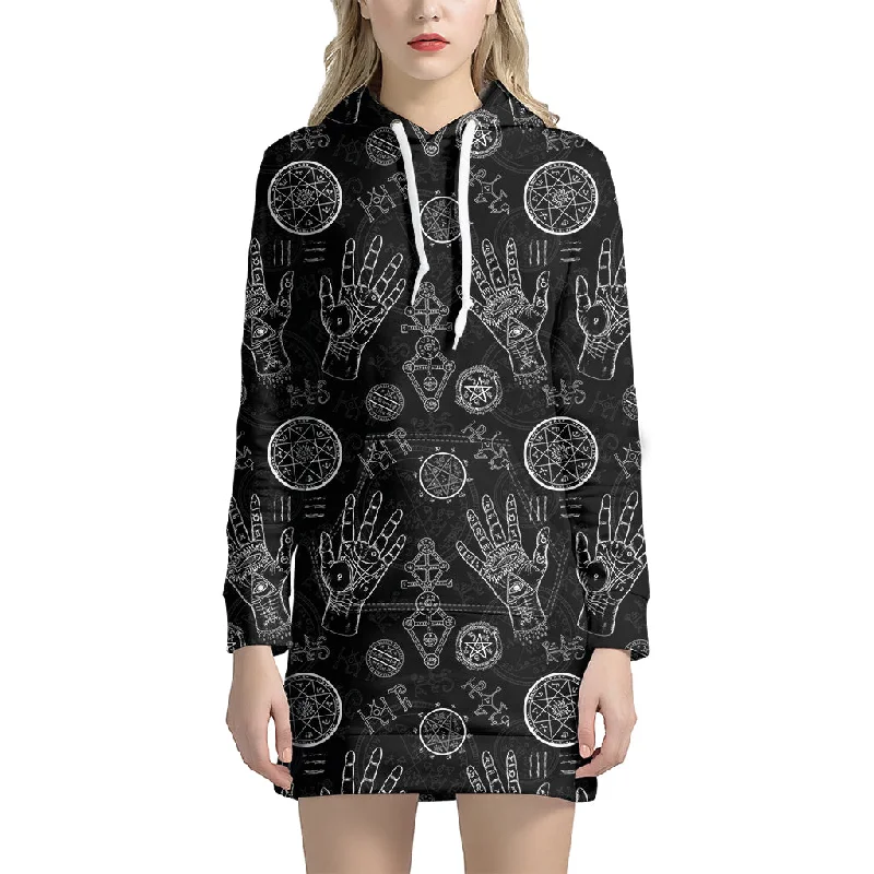Black And White Wiccan Palmistry Print Pullover Hoodie Dress