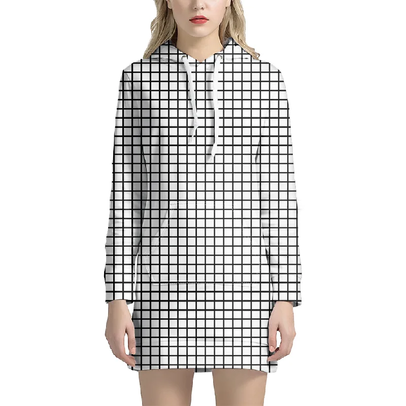 Black And White Windowpane Pattern Print Pullover Hoodie Dress