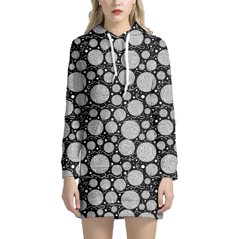 Black And White Yarn Pattern Print Pullover Hoodie Dress