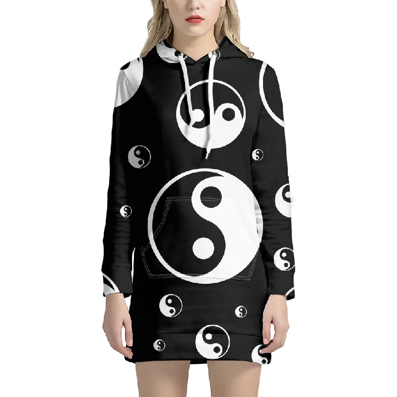 Black And White Yin Yang Pattern Print Pullover Hoodie Dress