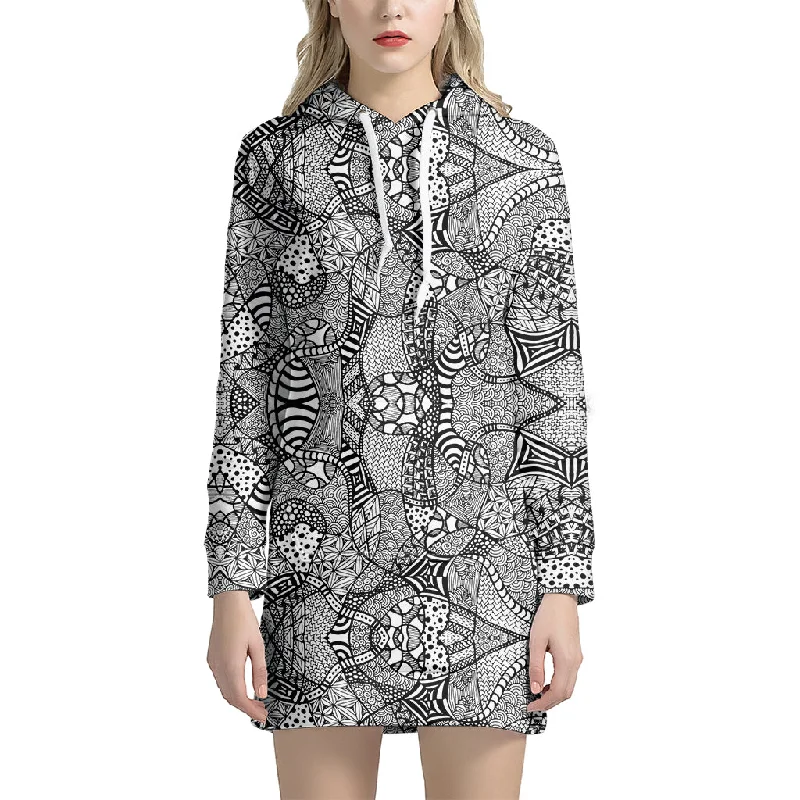 Black And White Zentangle Pattern Print Pullover Hoodie Dress