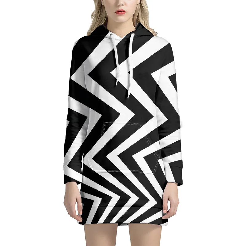 Black And White Zigzag Dazzle Print Pullover Hoodie Dress