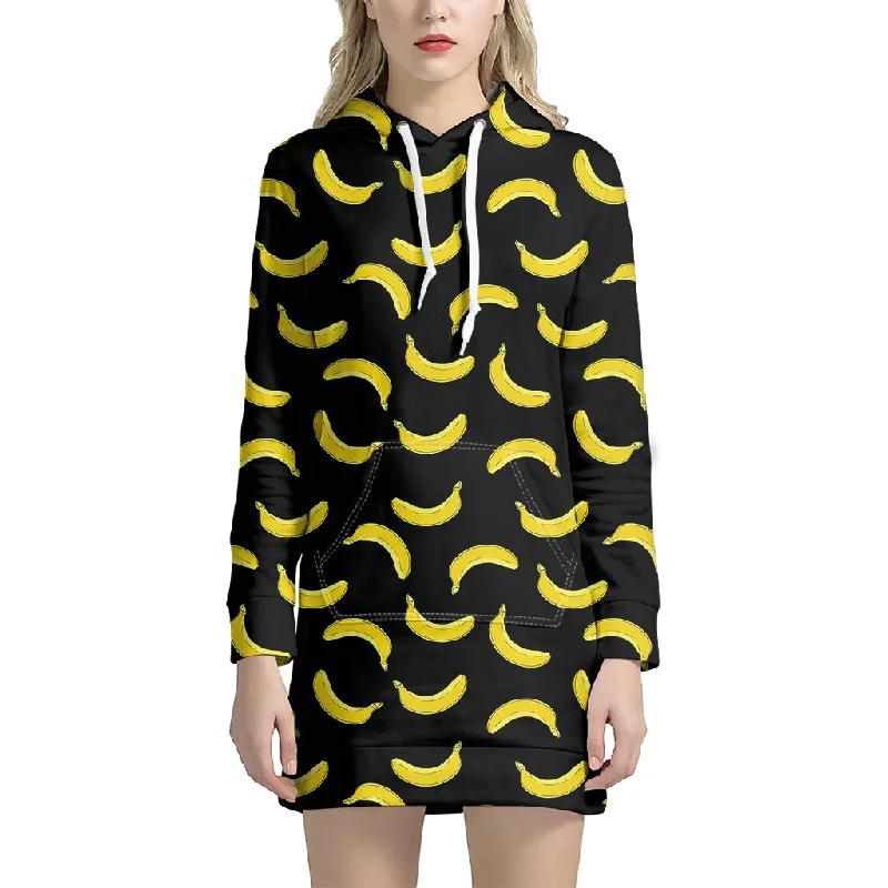Black And Yellow Banana Pattern Print Pullover Hoodie Dress