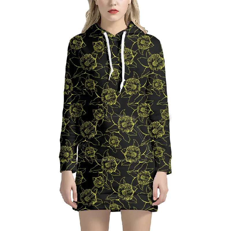 Black And Yellow Daffodil Pattern Print Pullover Hoodie Dress