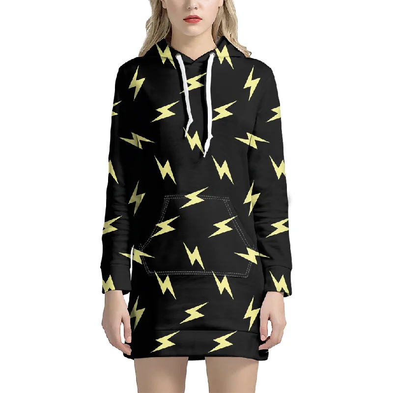Black And Yellow Lightning Pattern Print Pullover Hoodie Dress
