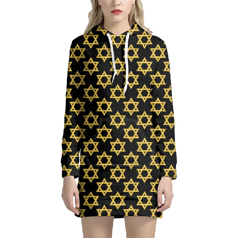 Black And Yellow Star of David Print Pullover Hoodie Dress