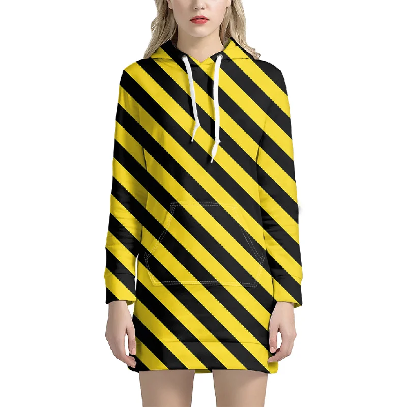 Black And Yellow Warning Striped Print Pullover Hoodie Dress