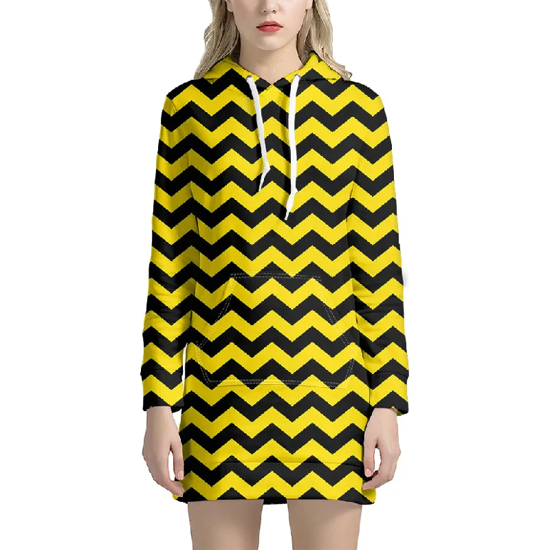 Black And Yellow Zigzag Pattern Print Pullover Hoodie Dress