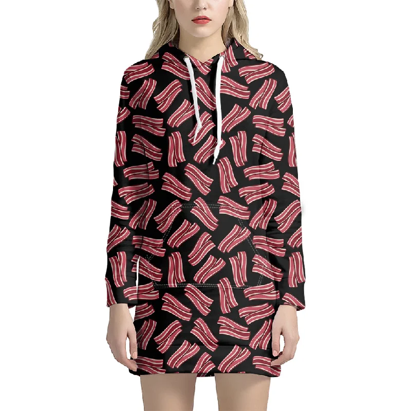 Black Bacon Pattern Print Pullover Hoodie Dress