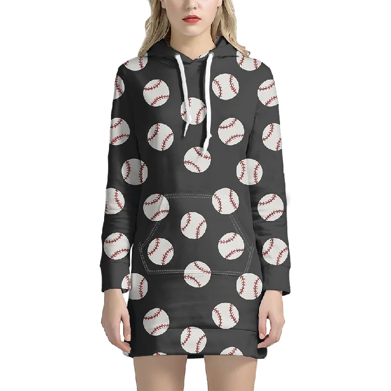 Black Baseball Pattern Print Pullover Hoodie Dress