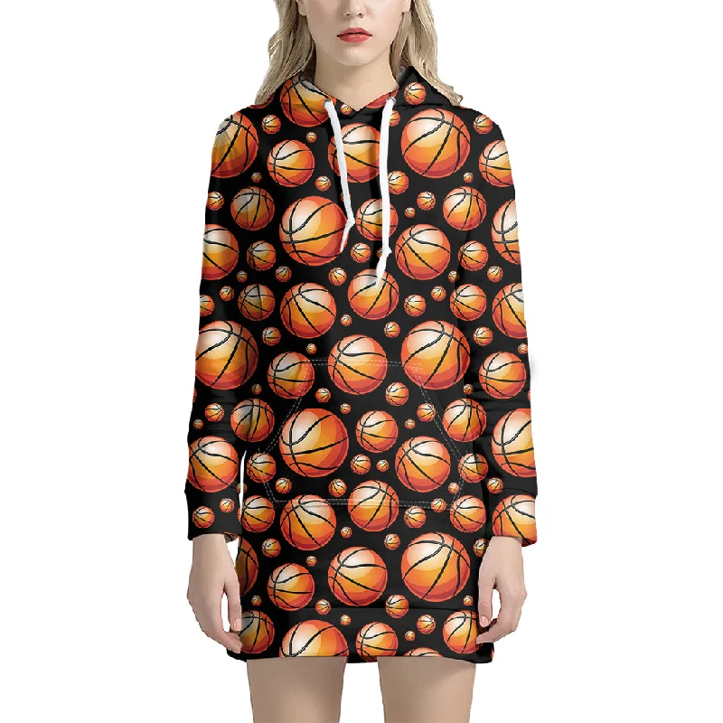 Black Basketball Pattern Print Pullover Hoodie Dress