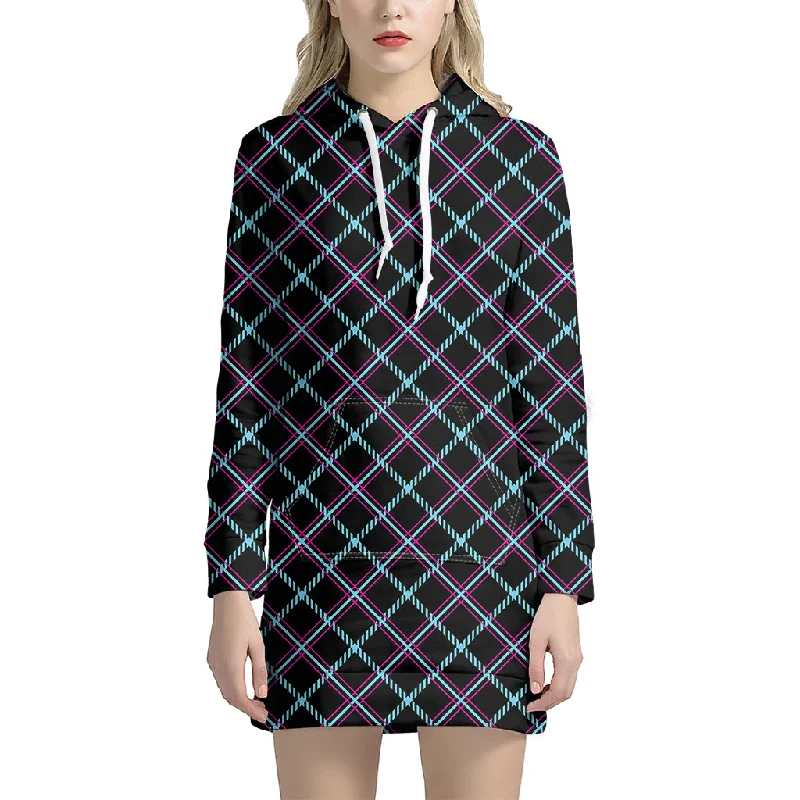 Black Blue And Pink Tartan Pattern Print Pullover Hoodie Dress